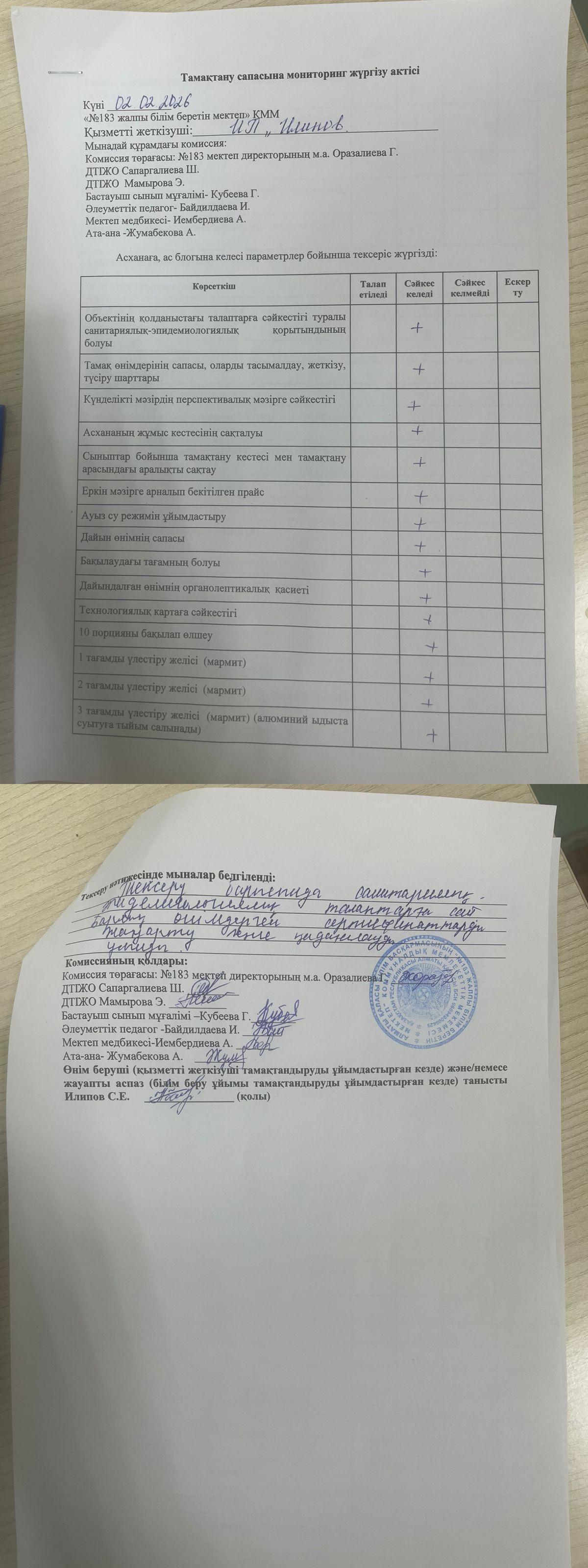 Тамақтану сапасына моиторинг жүргізу. Контроль качества продуктов питания
